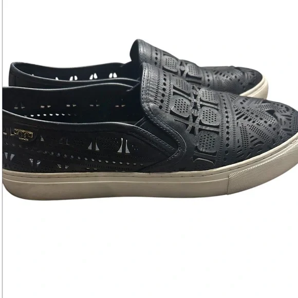 Tory Burch Lennon Dark Navy Blue Slip-On Loafers Lazer Cut Size 10 - Picture 4 of 9